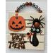 Five slat boards are attached to create a one-of-a-kind Halloween plaque.  A large pumpkin has a gray gemstone on his head and his friend, the black cat, is wearing a orange bow, has green moveable eyes and unfortunately for her she is wearing an orange and black spider her head.  Plaque has plaid buffalo wood beads for the wall hanger.  Measurements are 1" W x 7" H