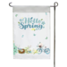 White and blue hello spring garden flag with a bicycle, lamb, and blue bird