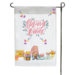 Pink and white garden flag with a gnome and butterflies