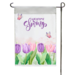 Welcome Spring tulip garden flag with pink and purple tulips