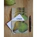 A 5 pack set of watercolor designer art cards including white envelope. Adorned with gold & a green pears nestled side by side.  
