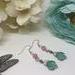 Handmade Green Leaf and Pink Cats Eye Wire Wrap Dangle Earrings