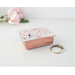 Handmade tiny trinket box made of copper with ivory color vine-rose pattern on lid and amethyst gemstone cabochon