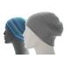 Mannequins wear lightweight hats crocheted in sock or fingering weight yarn.  The beanie in front is in a solid gray luxury yarn, and the beanie in back in a self-striping wool-blend fingering weight yarn in shades of blue.