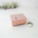 Handmade tiny copper trinket box with purple and green vine-rose pattern on lid and pink tourmaline october  gemstone cabochon