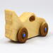 Handmade wooden toy bat car with a clear and amber shellac finish and metallic sapphire blue trim, part of my Play Pal Collection