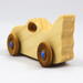 Handmade wooden toy bat car with a clear and amber shellac finish and metallic sapphire blue trim, part of my Play Pal Collection