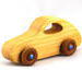 Handmade wooden toy car modeled after the classic 1957 Bug with an amber shellac finish and metallic sapphire blue trim from My Play Pal Collection.