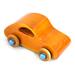 A handmade wooden toy car modeled after the iconic 1957 bug, finished with amber shellac and metallic sapphire blue trim. It's part of my Play Pal Collection.