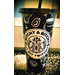 Black matte plastic cold cup with lid and straw.  White magical symbol background with skeleton siren logo and circle border saying reading "Witchy & Bitchy - Lil Bit Twitchy".
