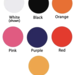 Color chart of on hand available vinyl colors.  Each color is listed with a circle swatch of the color with the name listed below. There is White, Black, Orange, Pink, Purple, Red, and Yellow.