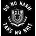Mockup: of the logo in white on a black background.  The slogan is circular with distressed letters.  They are encompassing a distressed crest featuring the HSSW initials and a laurel wreath with stripes inside.  There are two crossed straight razors beneath it.