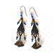 Long, boho dangle earrings, with two tone blue and topaz glass and crystals.