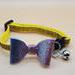 Blue/pink/silver gradient sparkle bow on yellow woven sparkle collar.