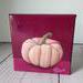 Photo of small square canvas painting of peach colored pumpkin with a raspberry pink background