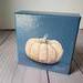 Photo of small square canvas painting of peach colored pumpkin with denim blue colored background