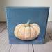 Photo of small square canvas painting of peach colored pumpkin with denim blue colored background