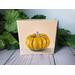 Photo of small square canvas painting of orange pumpkin with peach colored background