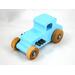This handmade wooden toy car, modeled after a 1927 Ford T-Coupe, is hand-painted baby blue with black and metallic sapphire blue. The wheels are finished with nonmarring amber shellac.