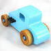This handmade wooden toy car, modeled after a 1927 Ford T-Coupe, is hand-painted baby blue with black and metallic sapphire blue. The wheels are finished with nonmarring amber shellac.
