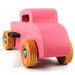 This is a handmade wooden Hot Rod '32 Deuce Coupe toy car. It is hand-painted hot pink with black and metallic sapphire blue trim. The hardwood wheels are finished with nonmarring amber shellac.