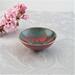 tiny copper enamel trinket dish dark teal with stenciled red leaf outline