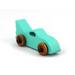 Handmade wooden toy car painted green with black trim and nonmarring amber shellac finished wheels, Part of my Play Pal Collection.