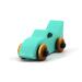 Handmade wooden toy car painted green with black trim and nonmarring amber shellac finished wheels, Part of my Play Pal Collection.