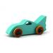 Handmade wooden toy car painted green with black trim and nonmarring amber shellac finished wheels, Part of my Play Pal Collection.