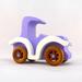 A handmade wooden toy car vintage style coupe painted nontoxic purple and white with spoked wheels finished with nonmarring amber shellac, from my  Bad Bob's Custom Motors Collection.
