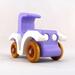 A handmade wooden toy car vintage style coupe painted nontoxic purple and white with spoked wheels finished with nonmarring amber shellac, from my  Bad Bob's Custom Motors Collection.