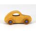 A handmade wooden toy car is hand-finished with amber shellac with metallic sapphire blue acrylic paint trim. The car body is made from hardwood plywood. The wheels and axles are made from birch hardwood. It is part of my Play Pal Collection.