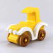 A handmade wooden toy car vintage style coupe painted nontoxic bright yellow and white with spoked wheels finished with nonmarring amber shellac from my  Bad Bobs Custom Motors Collection.