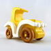 A handmade wooden toy car vintage style coupe painted nontoxic bright yellow and white with spoked wheels finished with nonmarring amber shellac from my  Bad Bobs Custom Motors Collection.