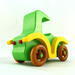 A handmade wooden toy car vintage style coupe painted nontoxic bright green and yellow with spoked wheels finished with nonmarring amber shellac, from my  Bad Bob's Custom Motors Collection.
