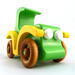 A handmade wooden toy car vintage style coupe painted nontoxic bright green and yellow with spoked wheels finished with nonmarring amber shellac, from my  Bad Bob's Custom Motors Collection.