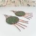 Paisley-impressed 2-inch copper disc Chandelier Boho Earrings Emerald green and antiqued Patina, Melted Twists of Copper Dangles, Argentium 935 Sterling Silver Ear Wires