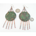 Paisley-impressed 2-inch copper disc Chandelier Boho Earrings Emerald green and antiqued Patina, Melted Twists of Copper Dangles, Argentium 935 Sterling Silver Ear Wires shown next to a US quarter and dime for size reference