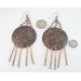 Paisley-impressed 2-inch copper disc Chandelier Boho Earrings neutral copper antiqued Patina, Melted Twists of Copper Dangles, Argentium 935 Sterling Silver Ear Wires shown with quarter and dime for size comparisson