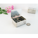 small trinket box upcycled from vintage silverplate platter. Hinge lid, garnet on lid