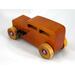 This is a handmade wooden toy car modeled after a Hot Rod 1932 Ford Sedan. It is made from wood, finished with multiple coats of amber shellac, and trimmed with black and metallic purple acrylic paint.