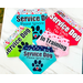 5 service dogs bandana on a marble slab. The bandanas are in the colors aqua, green, red, pink, and blue.