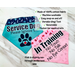 Bandanas in blue and pink are shownm it is noted that the pink is slightly see through on the text side. A checklist states the following Made of 100% cotton fabric, machine washable, easy snap on and off, durable vinyl text, reversible, pocket for medical info
