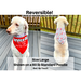 Reversible work on one side play on the other. Size large shown on a 60 pound standard poodle in red no touch. The left photo is the dog with the red bandana around the front of her neck the right photo is the reverse patterened side of the bandana on the dog's back side