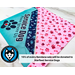 Blue and pink bandanas are shown. Blue is on the left face up with an ignore us paw design. The right is reverse side up it looks like redish pink and black plaid paws and redish pink bones on pink background with light pink hearts. Text at the bottom says 15% of every bandana sale will be donated to Starfleet Service Dogs