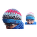 Model wearing Blues textured beanie with pop of red and gray