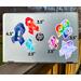 A silver laptop is shown with several stickers for size comparisons. There are 2 1/2 inch Adenomyosis and POTS stickers, 3 1/2 inch CRPS and Fibromyalgia stickers, and 4 1/2 inch Neurodiversity and ME/CFS Stickers