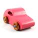 A handmade wood toy car hand painted in hot pink with metallic sapphire blue trim and wheels finished with nonmarring amber shellac. Model after the 1957 bug, from my Play Pal Collection.