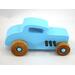 A wooden handmade hot rod toy car modeled after a 32 Deuce Coupe, painted in baby blue and black acrylic paint, with non-marring Amber Shellac wheels.