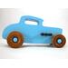 A wooden handmade hot rod toy car modeled after a 32 Deuce Coupe, painted in baby blue and black acrylic paint, with non-marring Amber Shellac wheels.